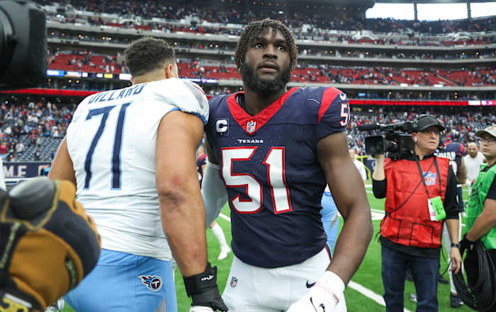 Texans defensive end Will Anderson Jr. (51) walks on the field after the game against the Tennessee Titans at NRG Stadium.